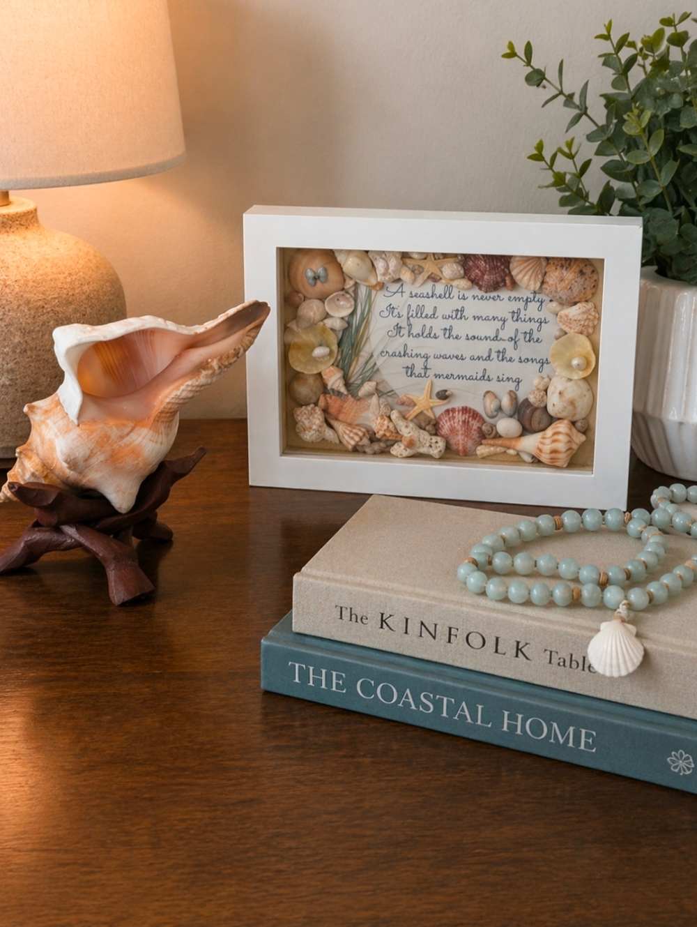 Framed Coastal Seashell Art “Songs that Mermaids Sing” & Fox Conch Decor |